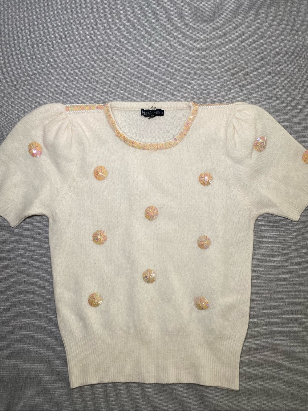 Ivory Short Sleeve Knit Sweater Sequin Embellished Puff Sleeve Pickett & Smith
